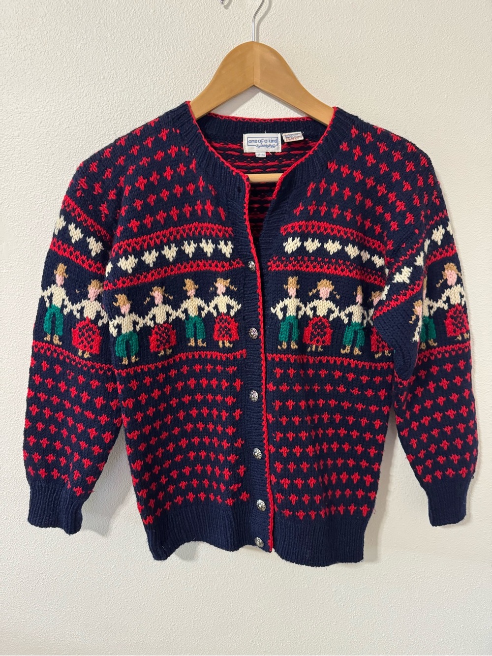 Vintage One of a Kind Shirley Duffy Fair Isle Wool Cardigan Dancing Children-12
